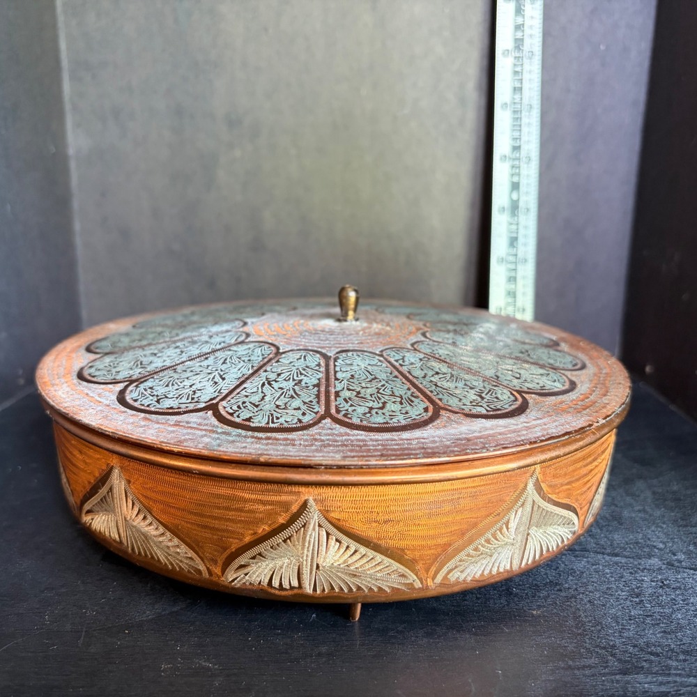 Vintage Etched Copper Trinket Box Verdigris Patina Floral Footed Keepsake 8in